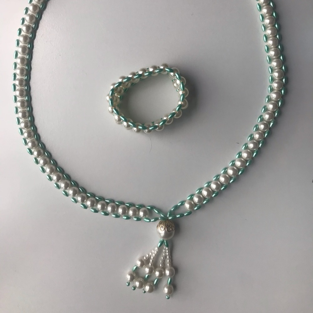 Long Vintage Faux Pearl & Bead Necklace & Bracelet